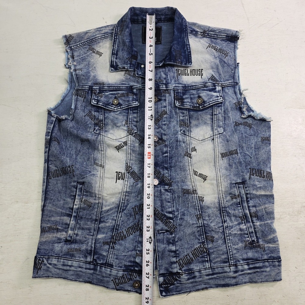 Jewel House AOP Logo Jean Jacket Distressed Wash Denim Button Vest Men's XL - Picture 10 of 10